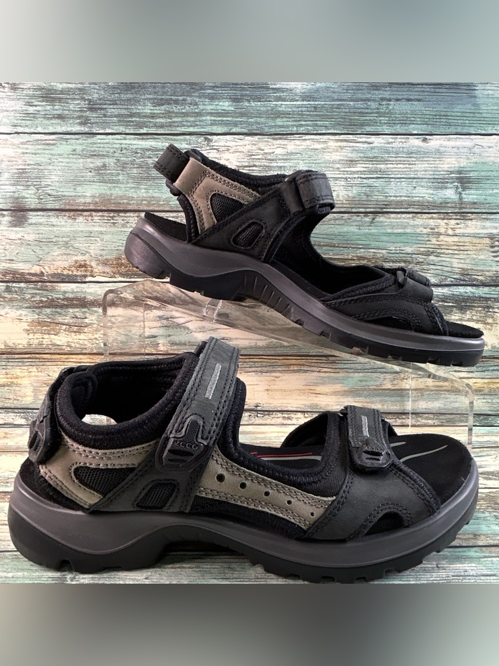 Ecco Yucatan Sandal Womens 7-7.5 Black Gray Leather Walking Outdoor Hiking